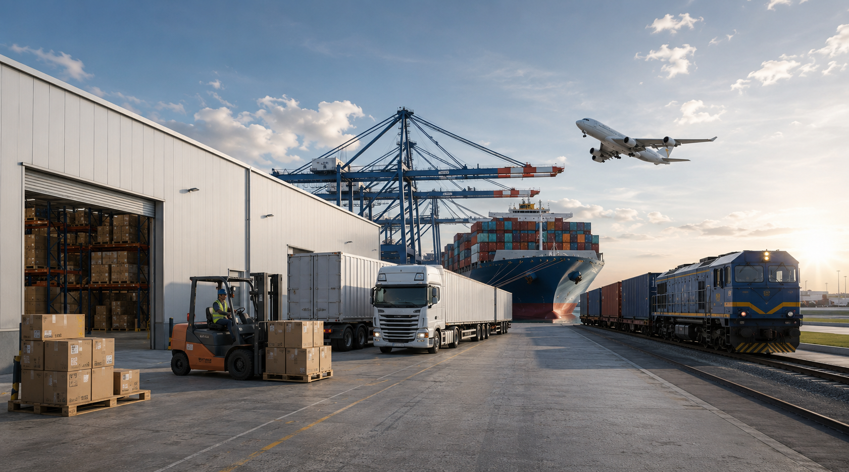 Lieferant bei der Arbeit im Hafen mit Lagerhalle, Container, LKW, Zug und Flugzeug bei Sonnenuntergang.