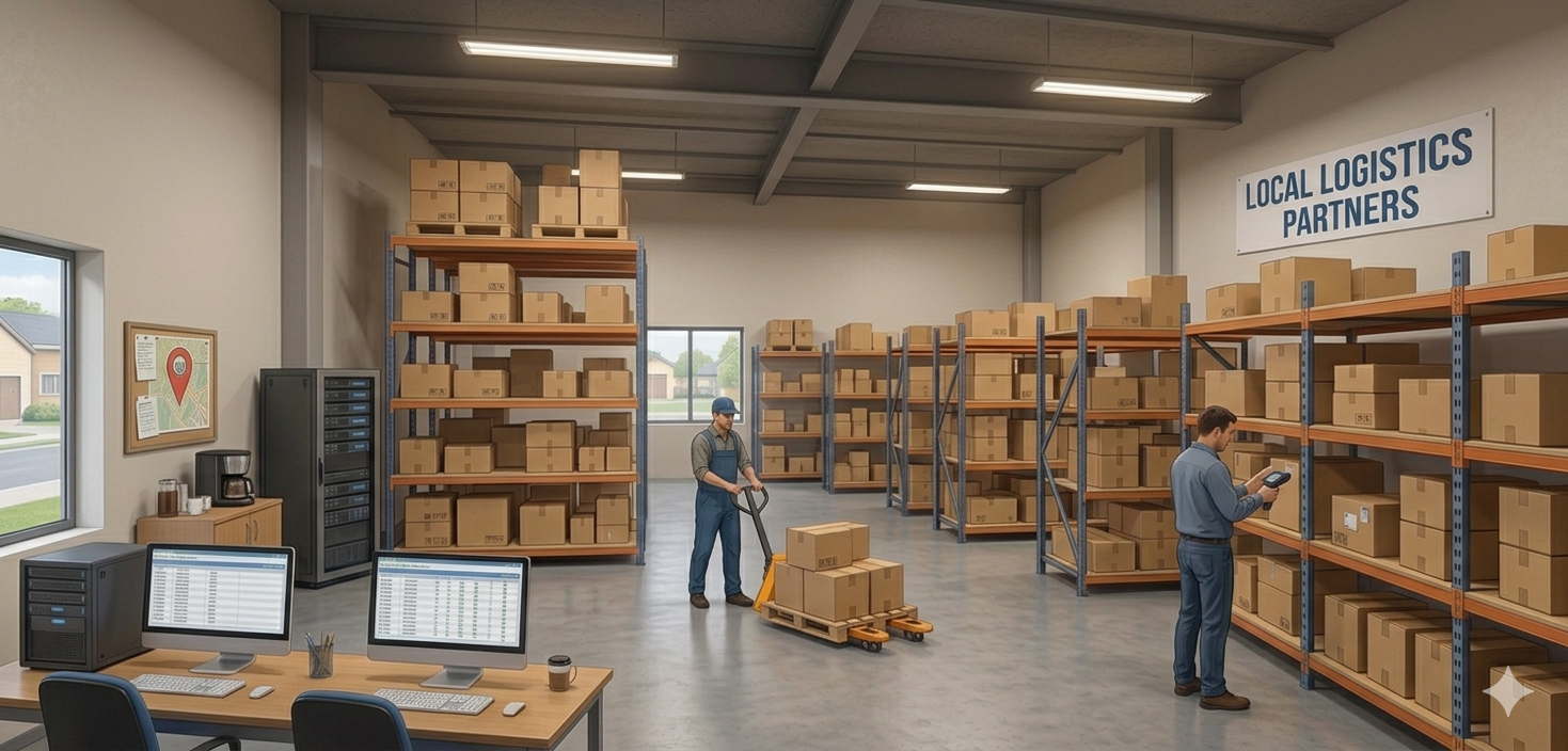 Lagerraum mit Regalen voller Kartons, zwei Mitarbeiter, einer mit Handscanner, der andere schiebt einen Wagen mit Paketen, Computerarbeitsplätze im Vordergrund, Fenster mit Blick nach draußen, Schild an der Wand: 'Local Logistics Partners'.