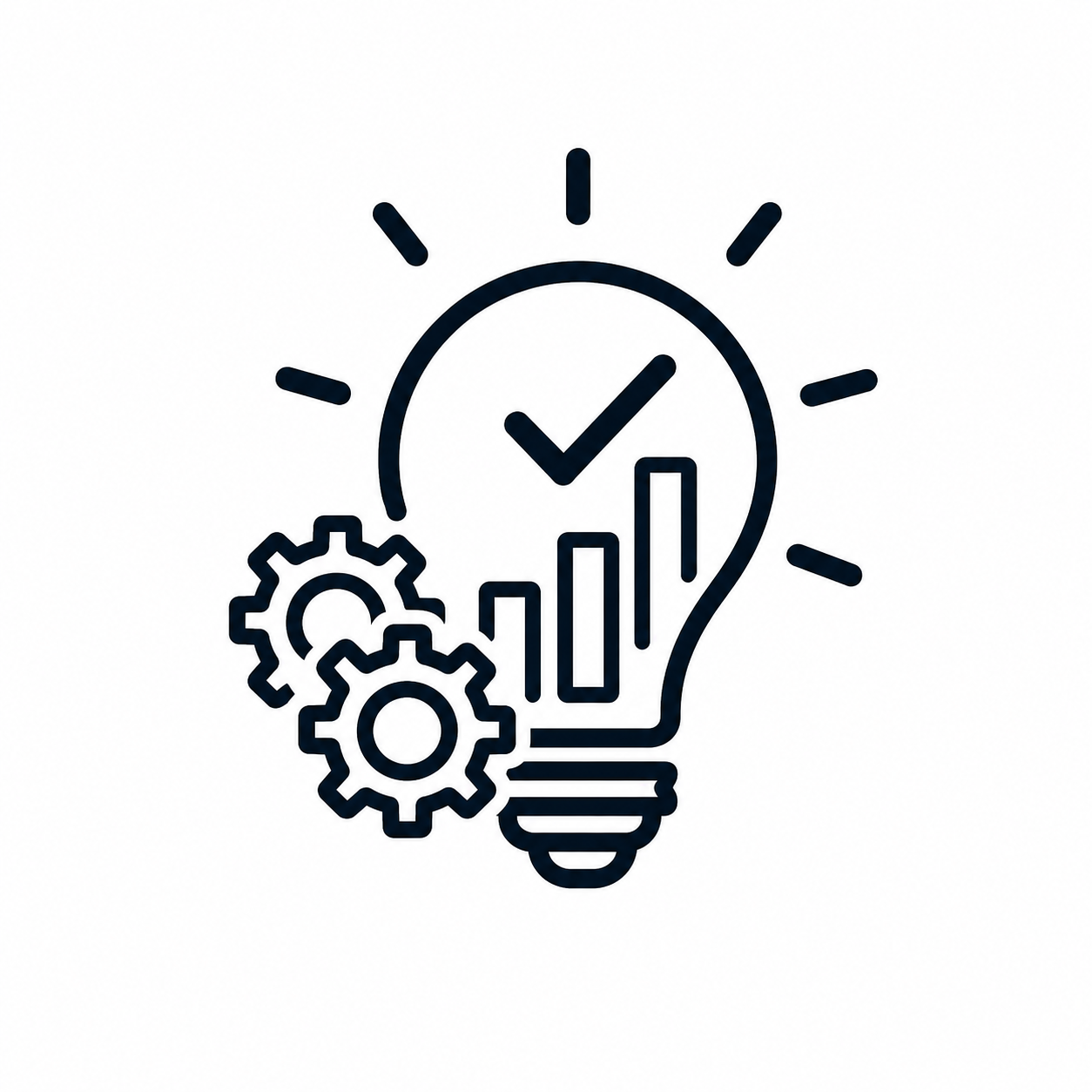 Symbol eines Lichts mit aufsteigenden Balken, ein Häkchen und Zahnräder, die Innovation und Effizienz darstellen.