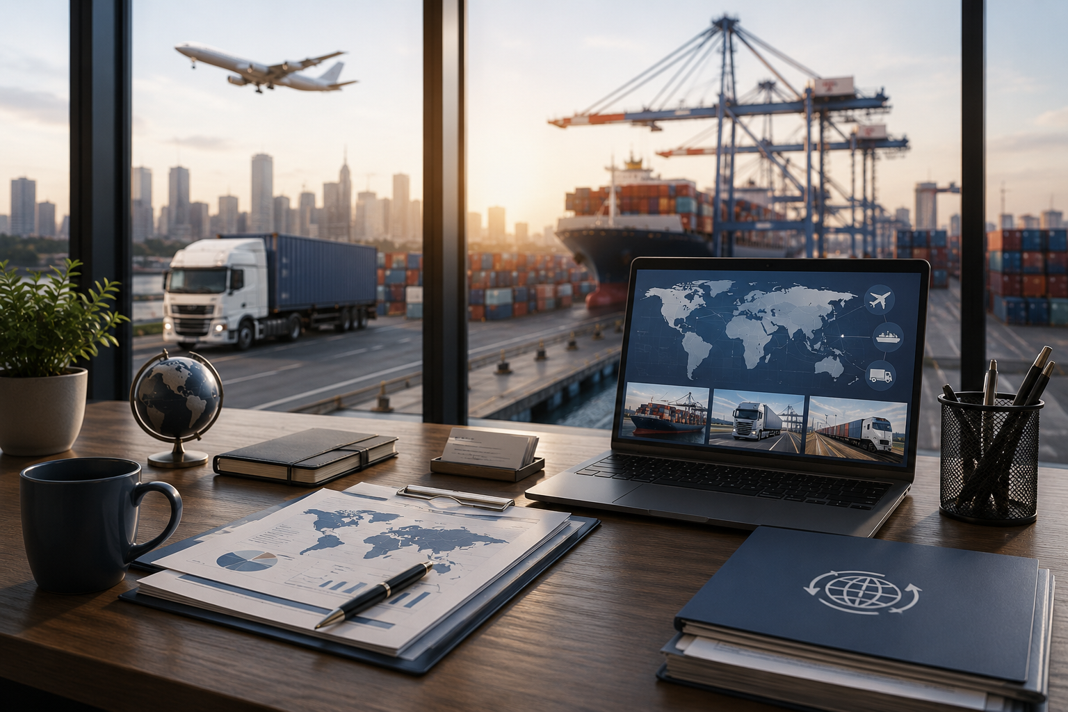 Büro mit Blick auf Hafen mit Container-Schiff, Kräne, Flugzeug, LKW, Lampen, Globus, Notebook mit Weltkarte, Dokumente, Stifte, Kaffeetasse, Pflanzen, in einer Stadt in Tageslicht.