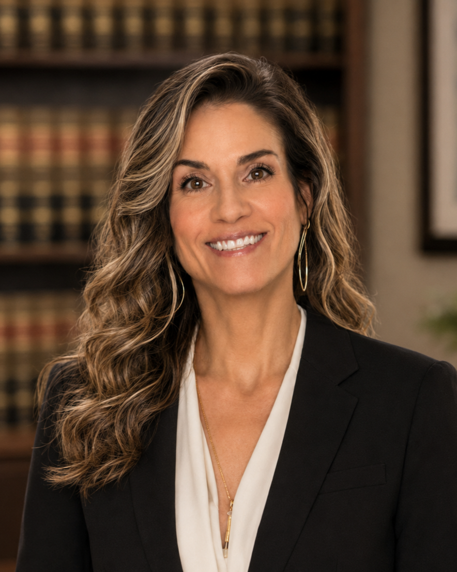 A smiling woman with wavy brown hair, wearing a black blazer, white blouse, hoop earrings, and a necklace, standing in an office with a wooden bookshelf in the background.
