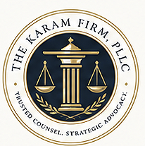 Logo of The Karam Firm, PLLC featuring a balanced scale, a column, and laurel branches with the text 'The Karam Firm, PLLC' and additional text 'Trusted Counsel. Strategic Advocacy.'