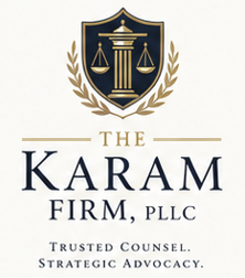 Logo for Karam Firm, PLLC with shield and scales of justice emblem, navy and gold colors, and the text 'The Karam Firm, PLLC Trusted Counsel. Strategic Advocacy.'