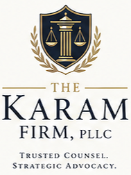 Logo for The Karam Firm, PLLC, featuring a shield with a scale and laurel branches, and text indicating legal and strategic advocacy services.