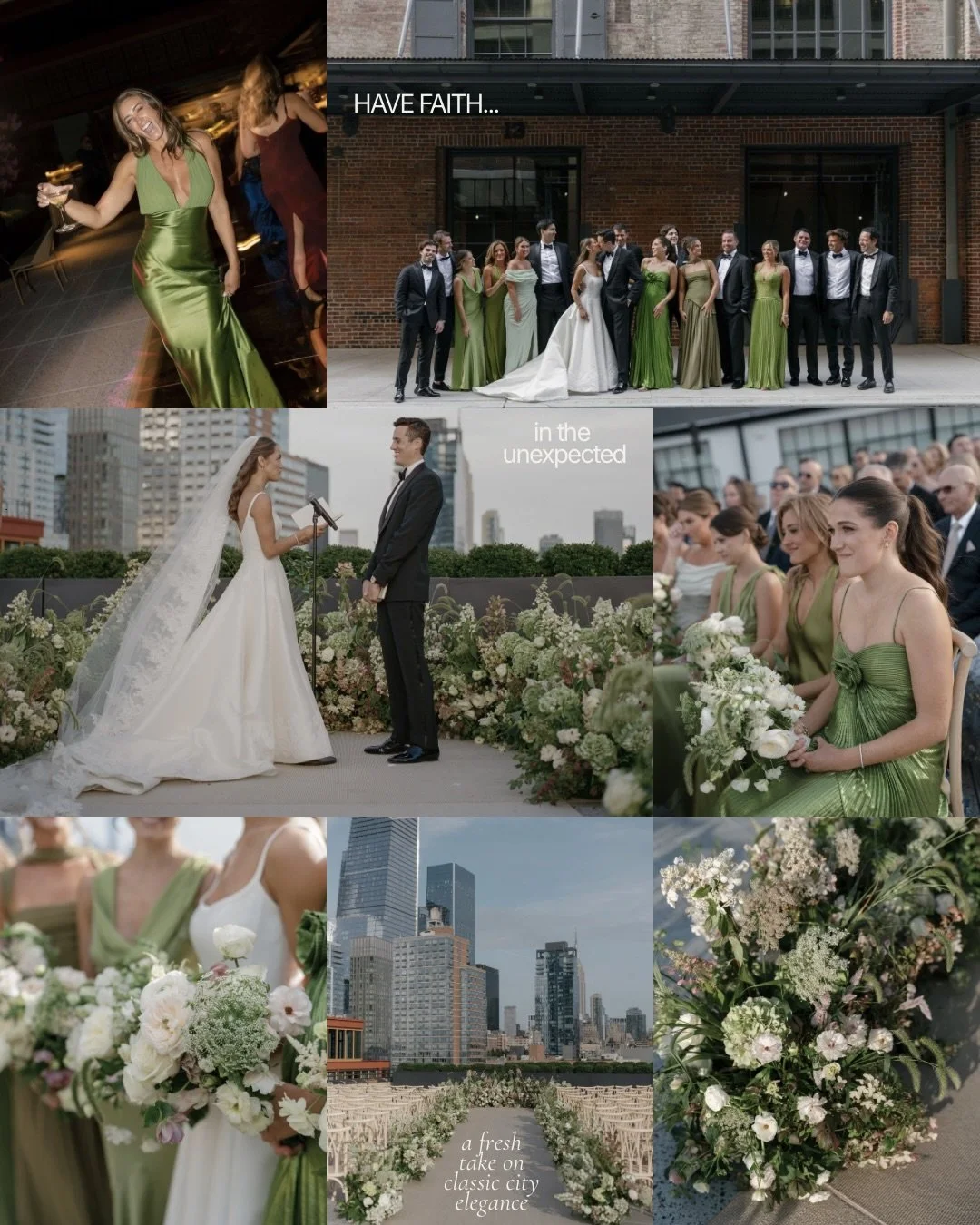 I love when a couple embraces color with confidence. For L+C&rsquo;s New York City wedding, the bridesmaids&rsquo; vibrant green gowns were complemented by florals in fresh greens and whites, creating a beautiful balance against the city&rsquo;s mono