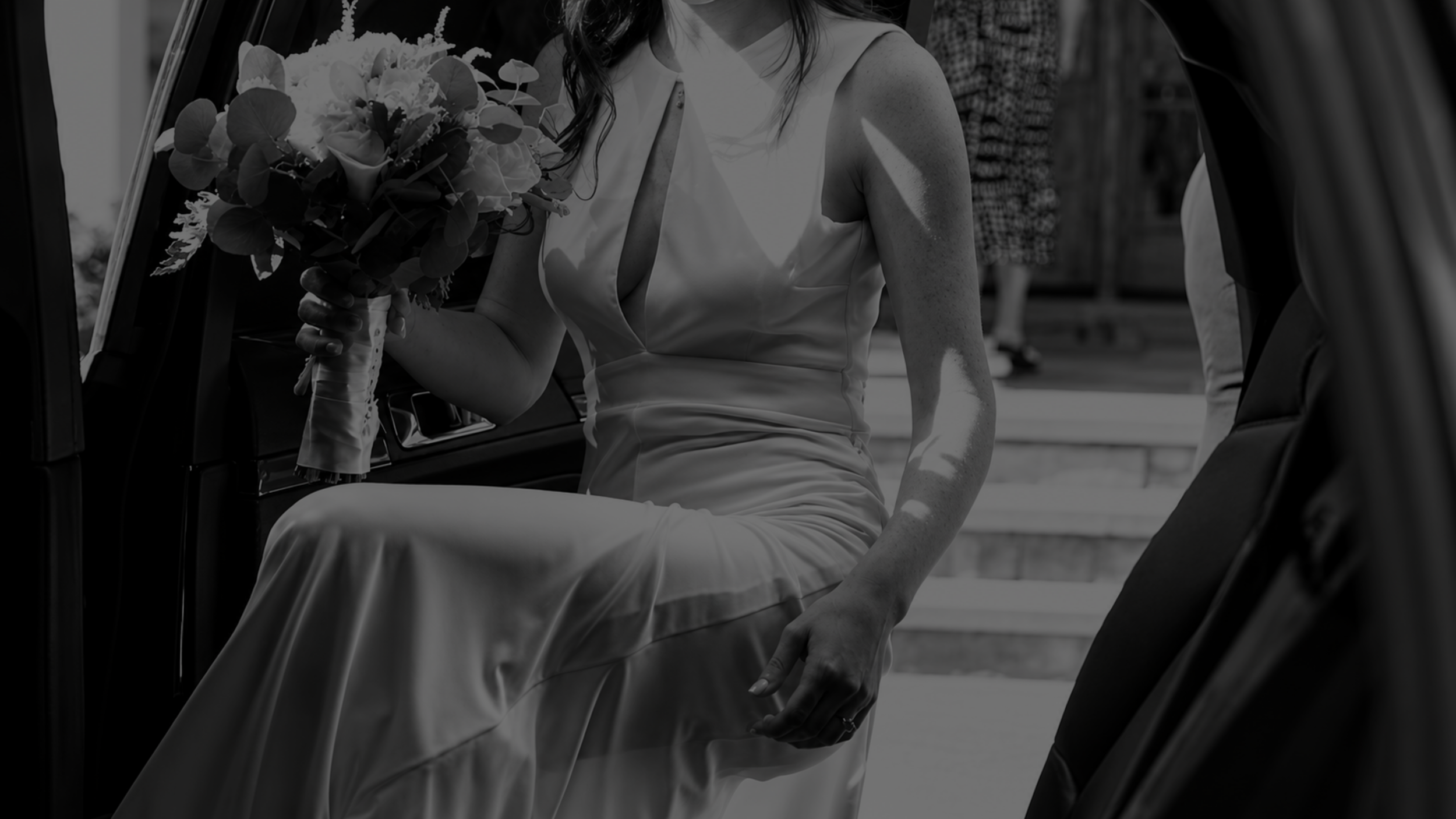 Black and White Photo of Bride in Wedding Dress