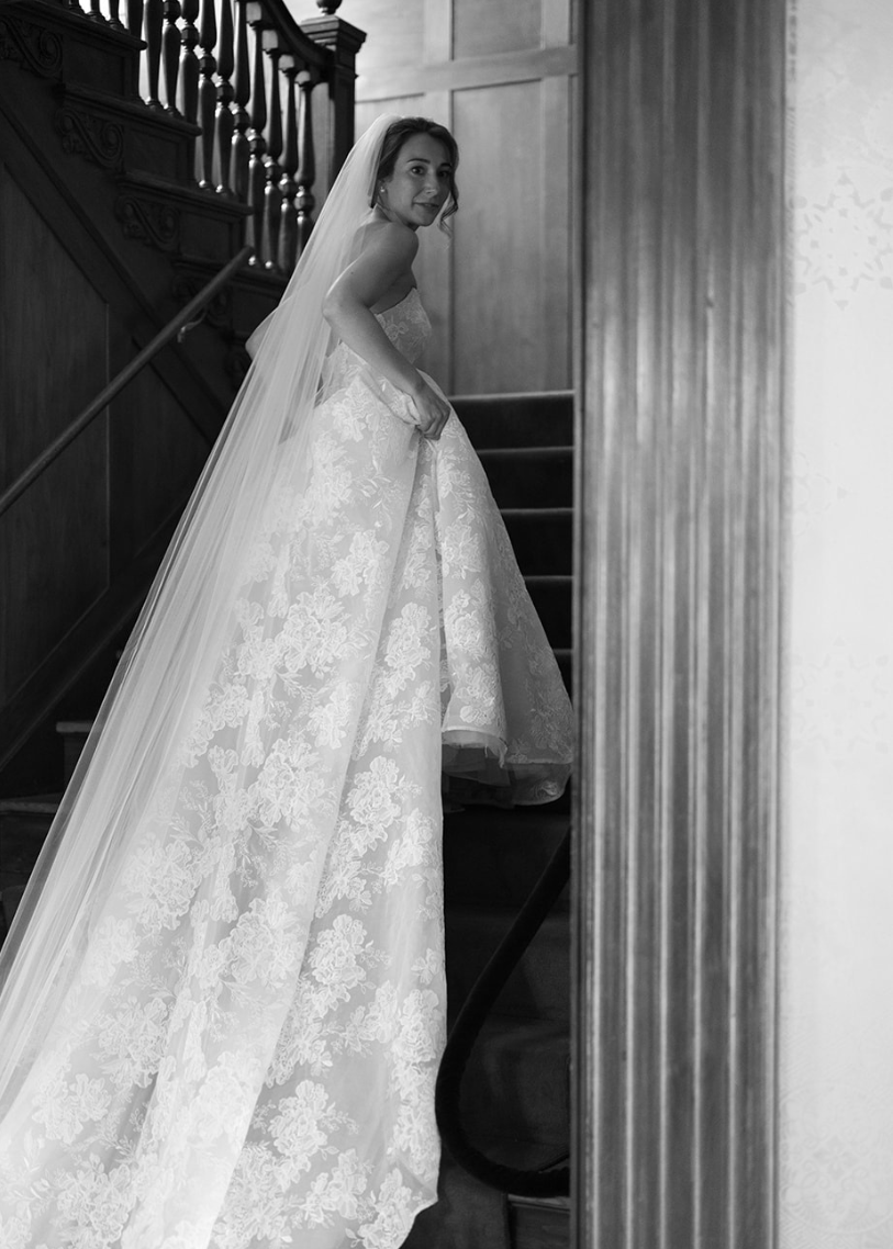 Black and White Photo of Bride in Wedding Dress
