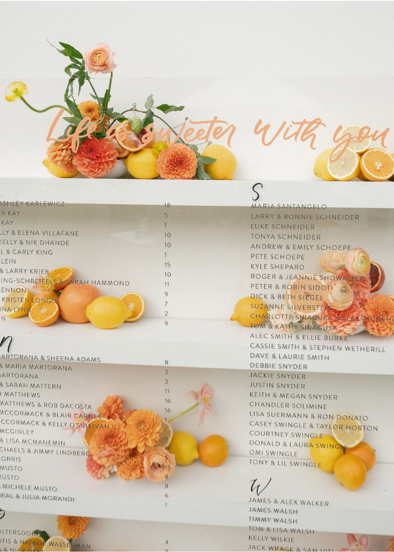 Floral and Fruit Seating Arrangements for a Wedding Planned by Faith Ferguson Productions