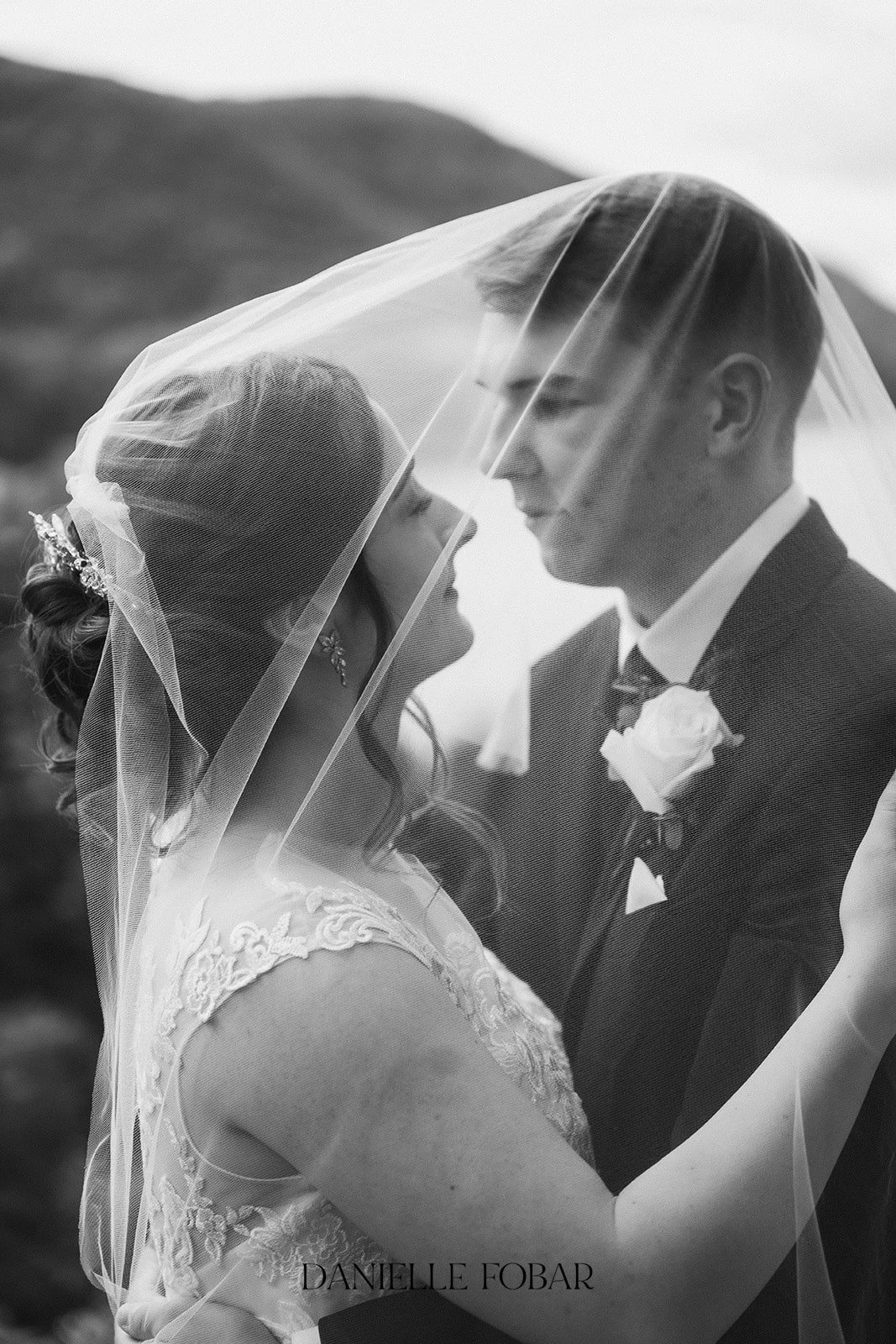 Black and White Photo of a Bride and Groom on their Wedding Day