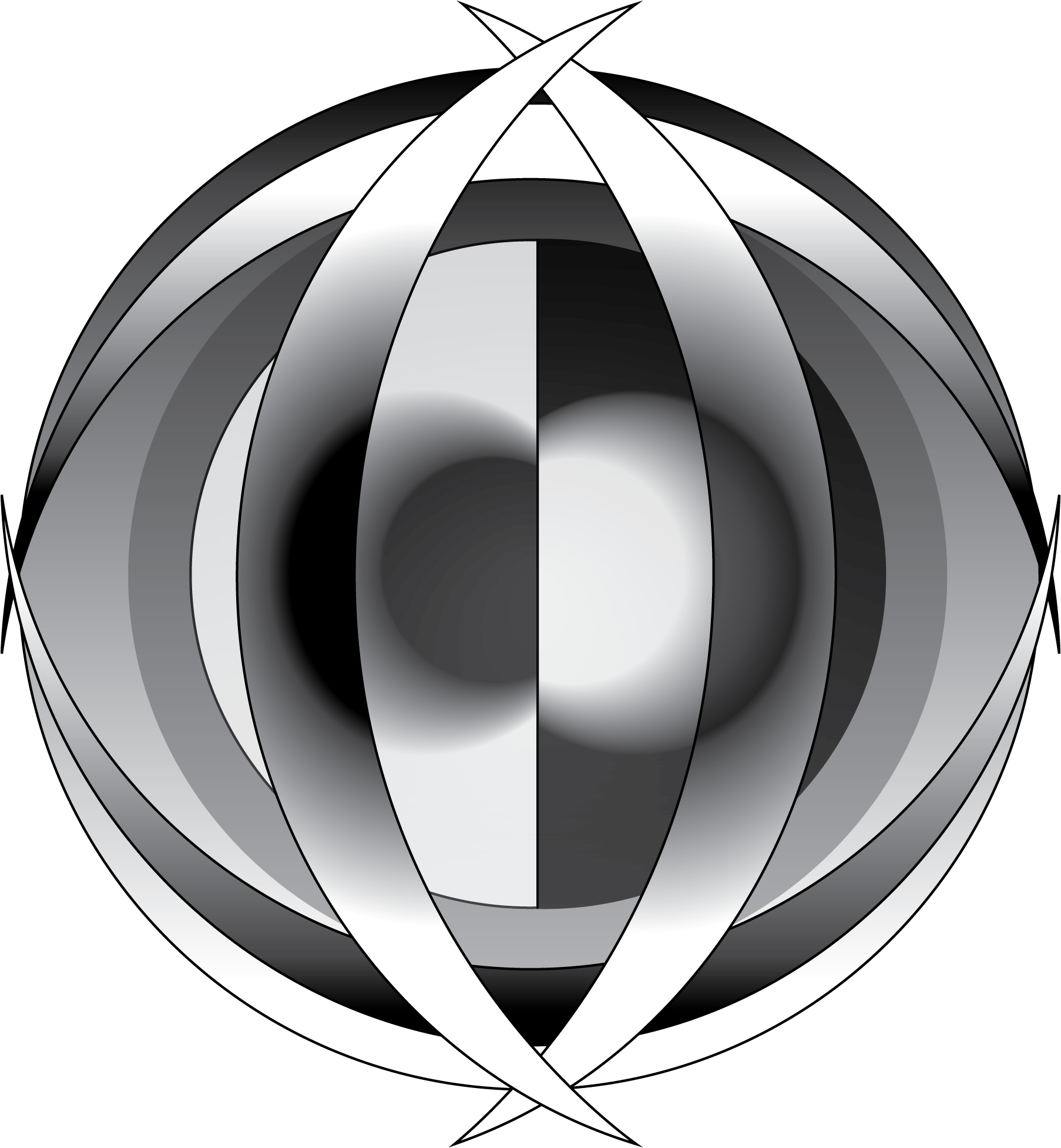 Abstract black, white, and gray geometric design resembling a diamond shape with curved lines and shading.