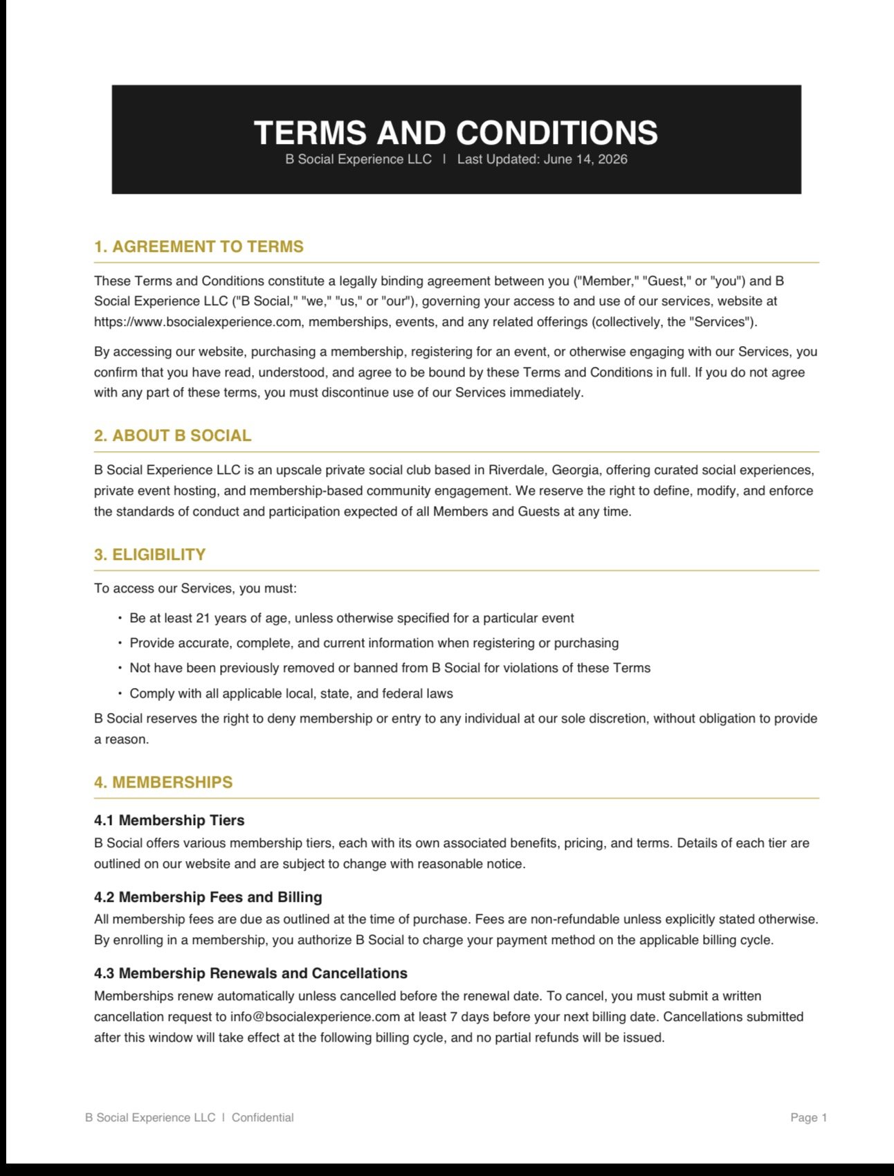 Terms and Conditions document from B Social Experience LLC, last updated June 14, 2026, outlining agreement terms, about B Social, eligibility requirements, and membership details.