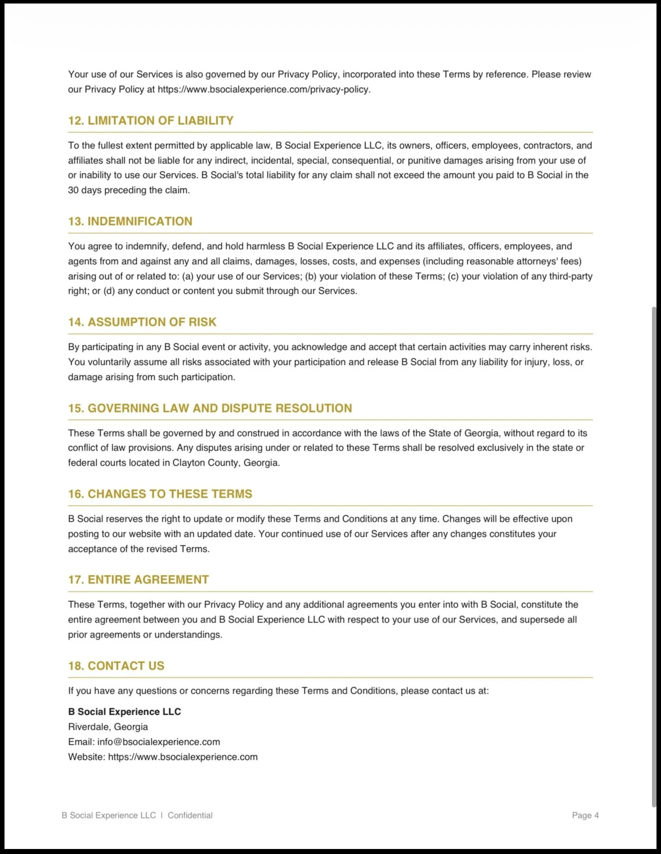 Page of legal or Terms of Service document from B Social Experience LLC, containing sections about liability, indemnification, risk, governing law, amendments, entire agreement, and contact information.