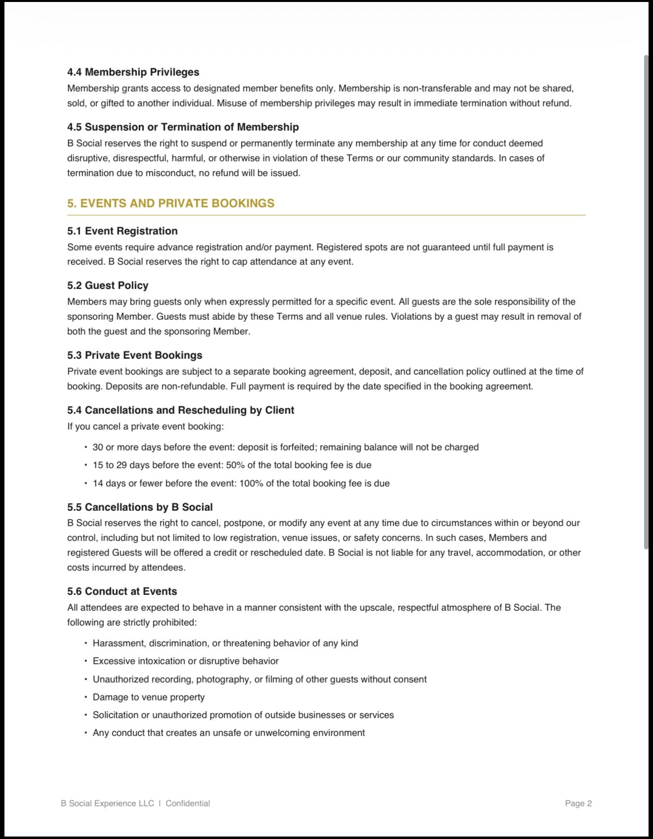 A digital document page outlining membership policies, event bookings, and conduct rules for an organization called B Social. It includes sections on privileges, suspension or termination of membership, event registration, guest policies, private boo