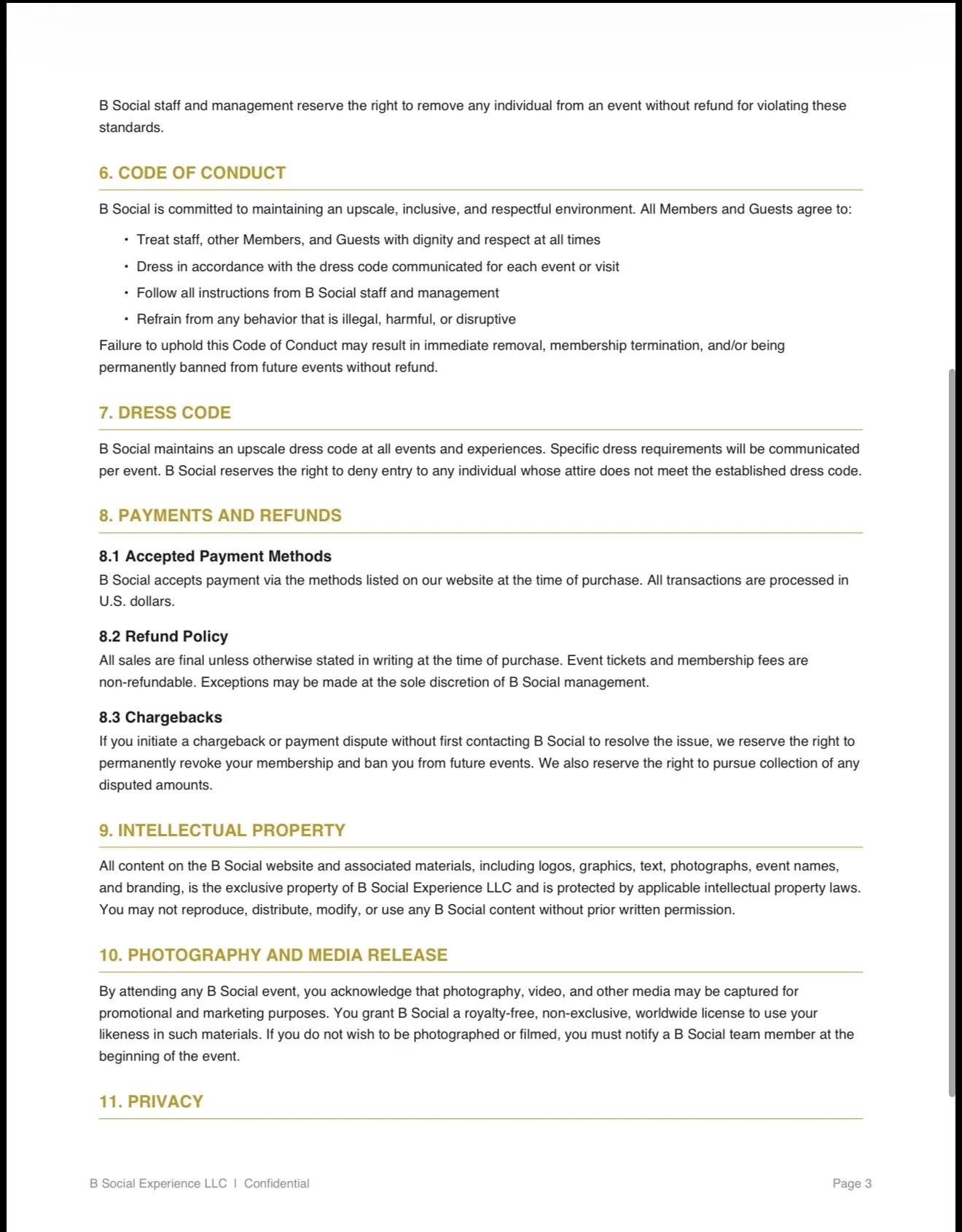 A printed document outlining the rules and policies of B Social, including sections on code of conduct, dress code, payments and refunds, intellectual property, photography and media release, and privacy.