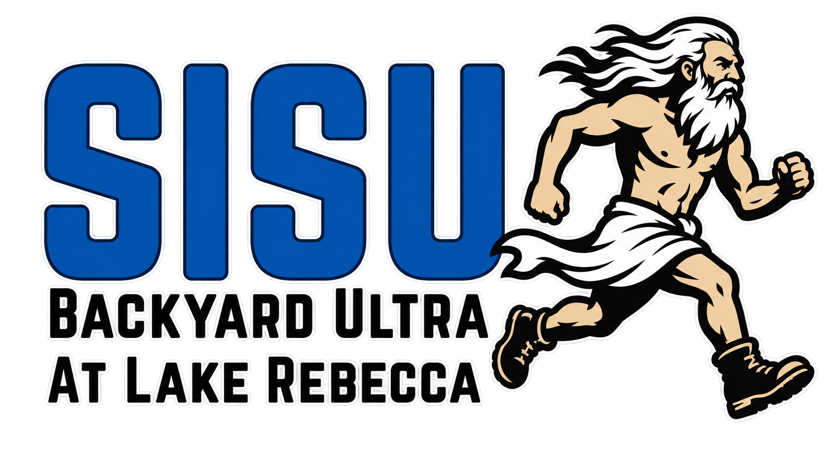 Logo for Backyard Ultra at Lake Rebecca featuring a muscular man with long flowing hair and a beard running barefoot, with the words "SISU" in large blue letters and the event name in black text underneath.