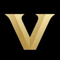 A large, gold letter 'V' on a black background.