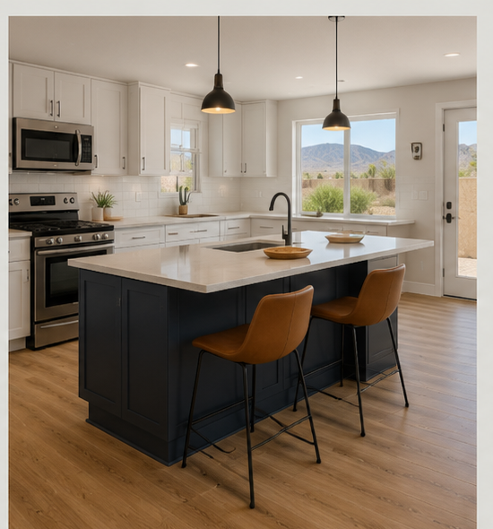 Modern kitchen with white cabinets, a blue island with a white marble countertop, two brown bar stools, stainless steel appliances, a window with a mountain view, and pendant lighting.