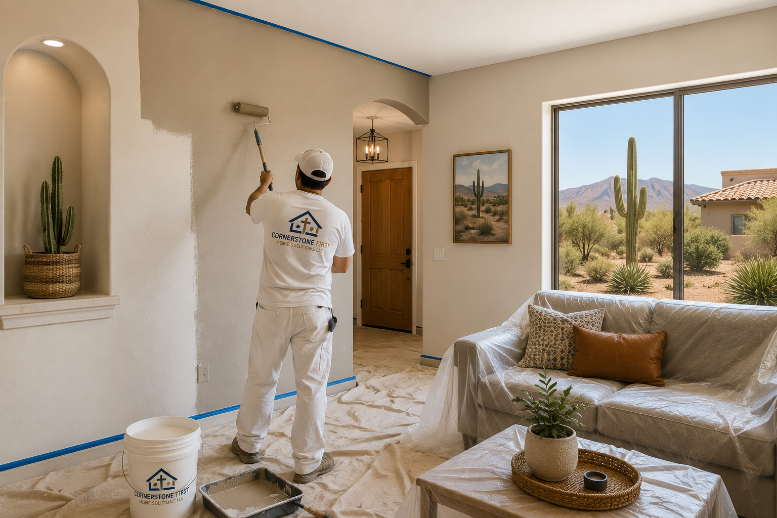 A handyman painting a wall in a living room using a paint roller. The room has large windows with desert mountain views, and furniture covered with protective sheets. The homeowner's logo on the handyman's shirt indicates they work for Cornerstone First Home Solutions LLC.