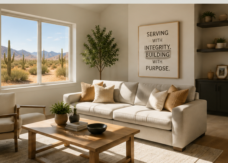Living room with a white sofa, beige and brown pillows, a wooden coffee table with plants and bowls, large window with desert landscape view, wall decor with motivational quote, and shelves with plants and decor items.