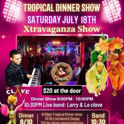 Promotional poster for a tropical dinner show featuring a live performance by Larry & LaClave, scheduled for Saturday, July 18th, with tickets at $20, from 8:00 PM to 10:00 PM, and a dinner from 8/10. The poster includes images of a man playing piano