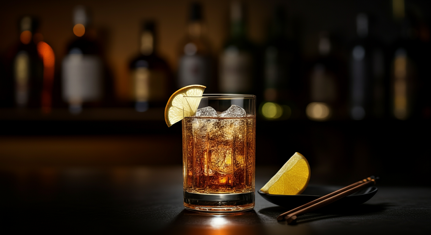 A glass of iced brown liquor garnished with a lemon wedge on the rim, with a lemon wedge and chopsticks on a black plate beside it.