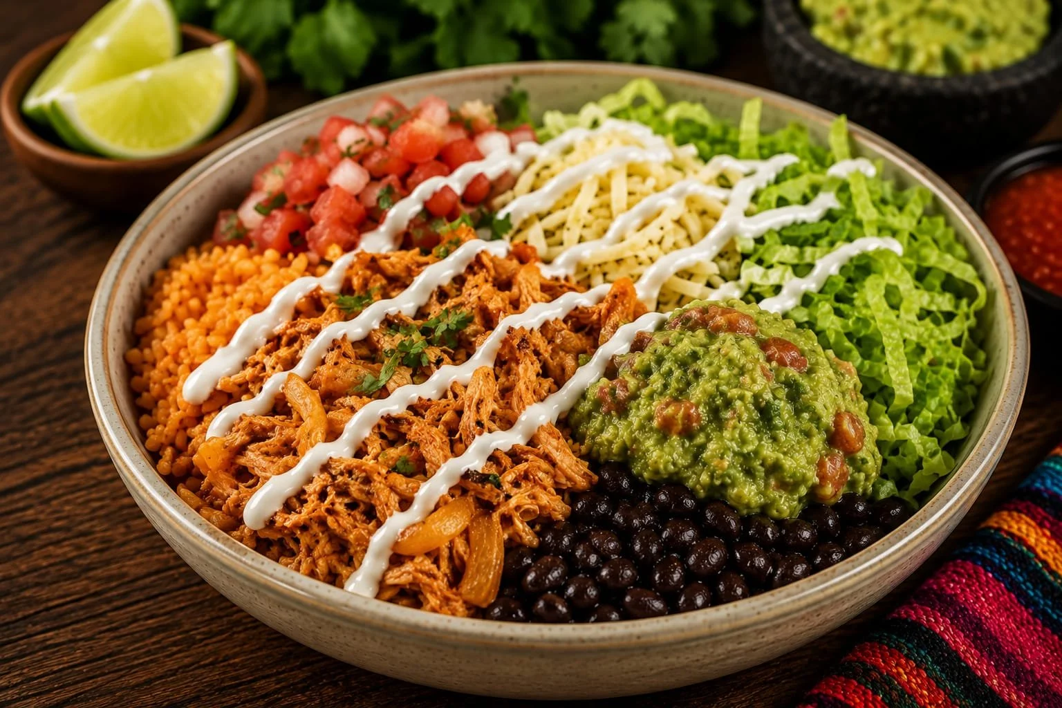 A bowl of Mexican-style shredded chicken with black beans, guacamole, shredded cheese, lettuce, sour cream, and diced tomatoes, served with lime wedges, salsa, and fresh cilantro.