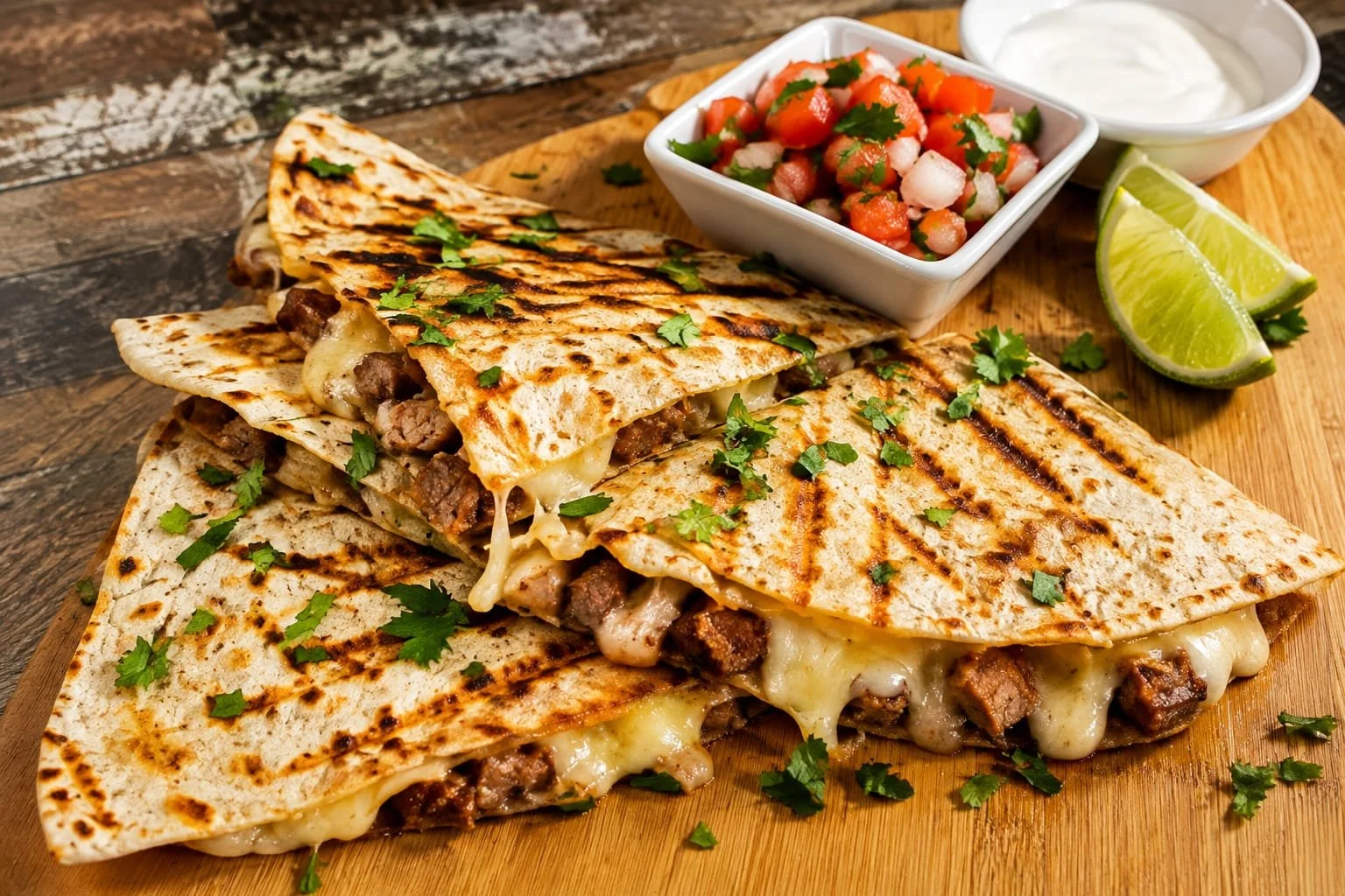 Grilled quesadilla with melted cheese and cooked beef inside, garnished with fresh cilantro, served on a wooden cutting board with side dishes of pico de gallo salsa, sour cream, and lime wedges.