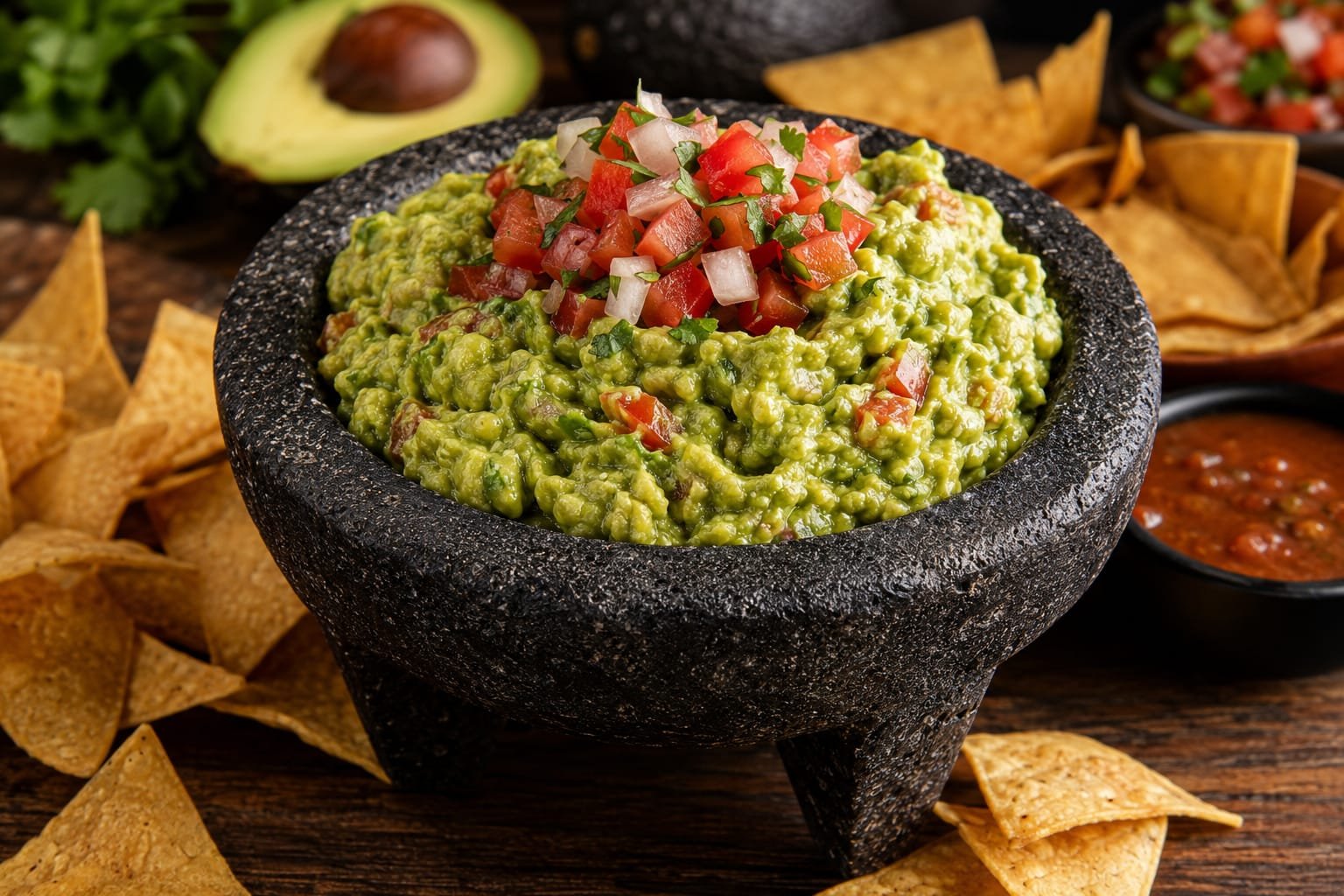 A black stone bowl filled with guacamole topped with chopped tomatoes, onions, and cilantro, surrounded by tortilla chips, an avocado, and salsa in black bowls.