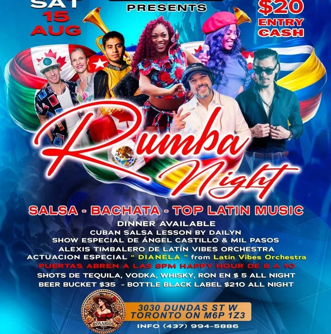 Colorful poster for Rumba Night event on August 15 featuring various Latin music performers, with details about salsa, bachata, dinner, drinks, and location at Toronto.