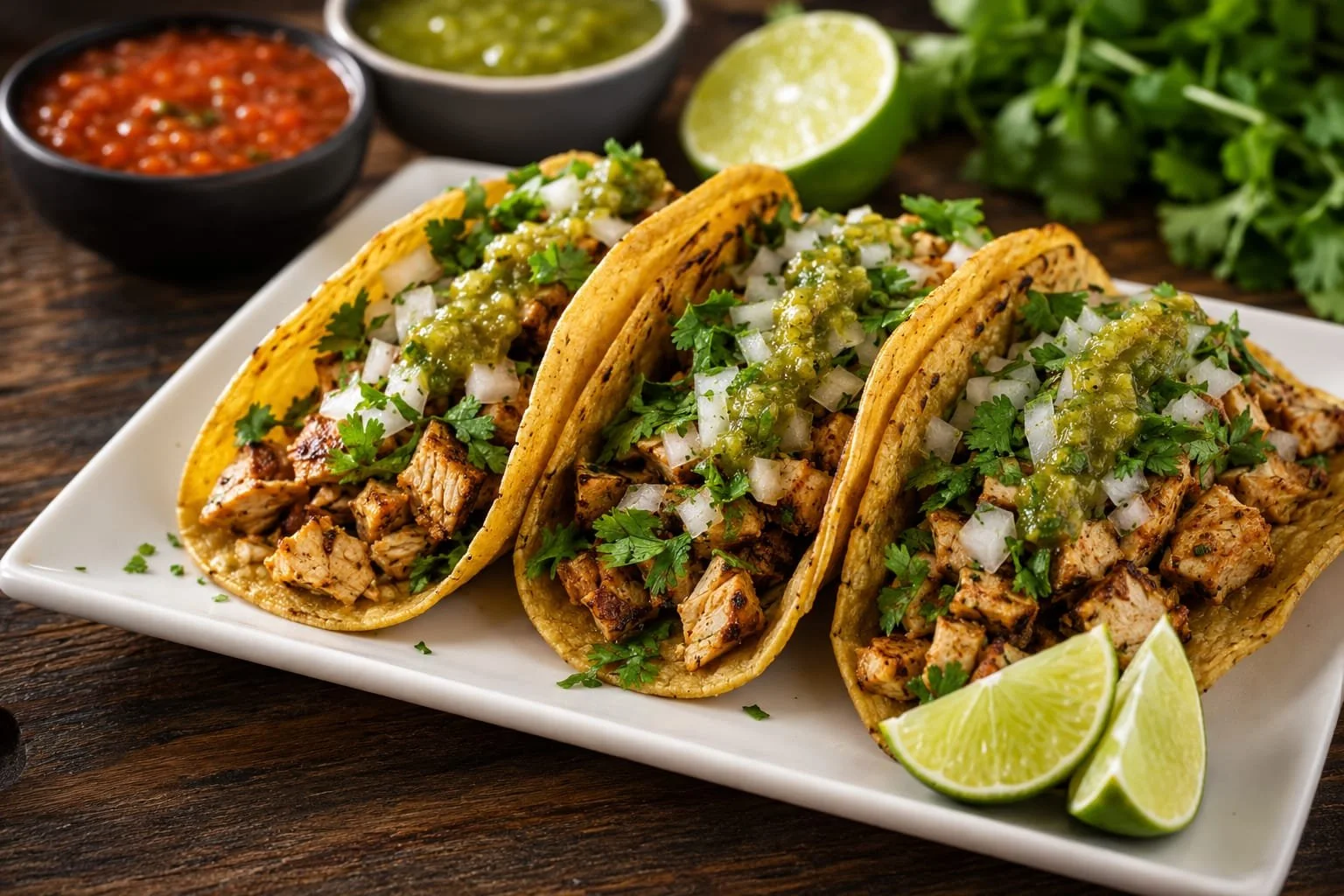 Three chicken tacos with chopped onions, cilantro, and green salsa on a white plate with lime wedges, accompanied by side salsas in small black bowls on a wooden table.