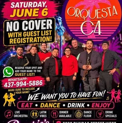 Promotional poster for a live music event featuring Orquesta C4 on Saturday, June 6, indicating no cover charge with guest list registration. The poster includes photos of the band members, event details, WhatsApp contact number for reservations, and