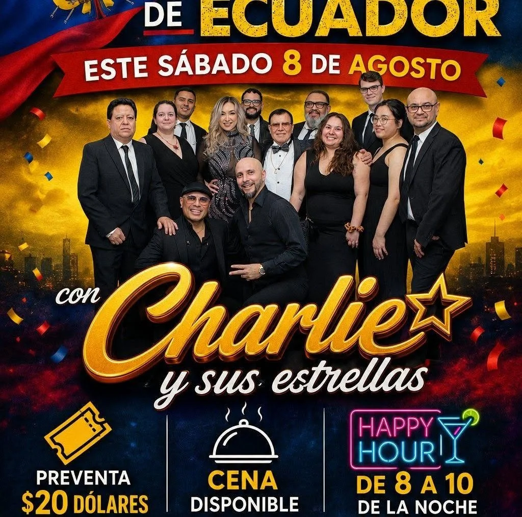 Event poster advertising a show with Charliex and his stars on Saturday, August 8. The poster features a group photo of performers in formal attire, with a vibrant background and colorful confetti. It mentions presale tickets for $20, dinner options,
