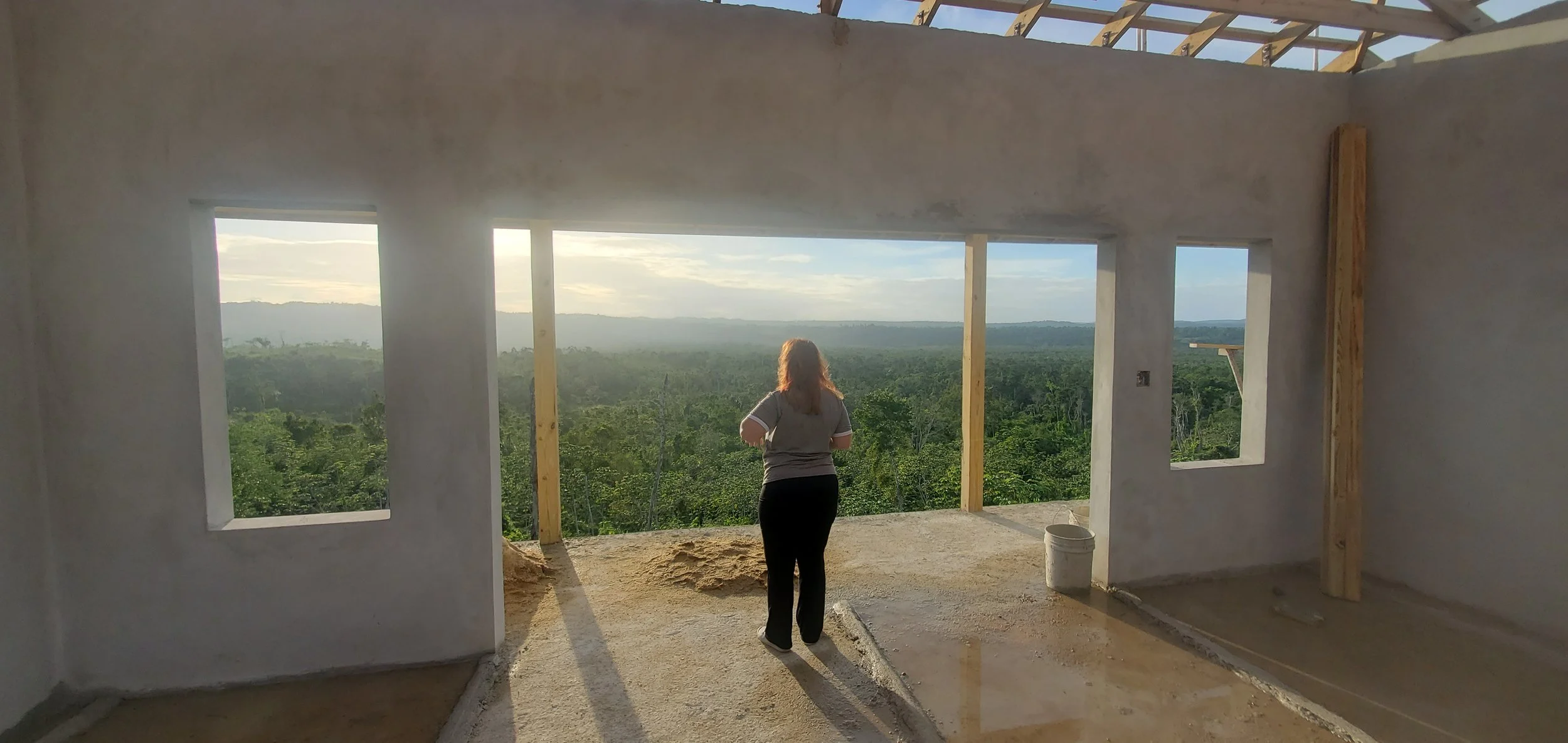 A woman standing inside a room under construction, looking out through large open window frames at a vast green forest landscape with mountains in the distance during daytime.