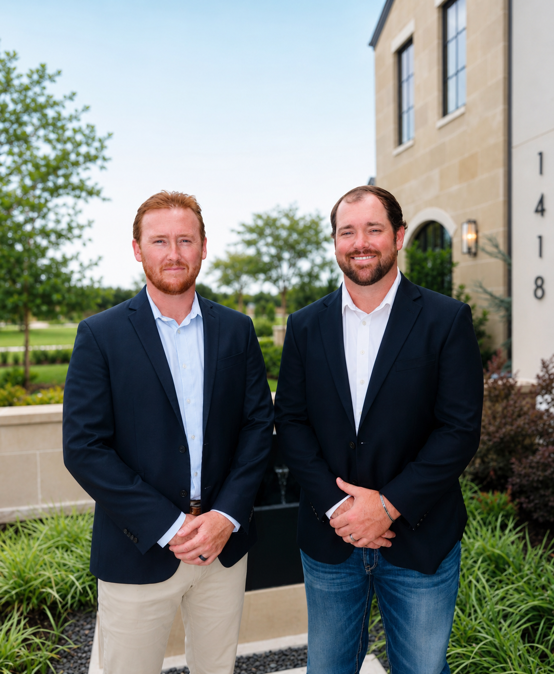 Two men in dark suits standing outdoors in front of a modern building with a landscaped garden, smiling for the camera.