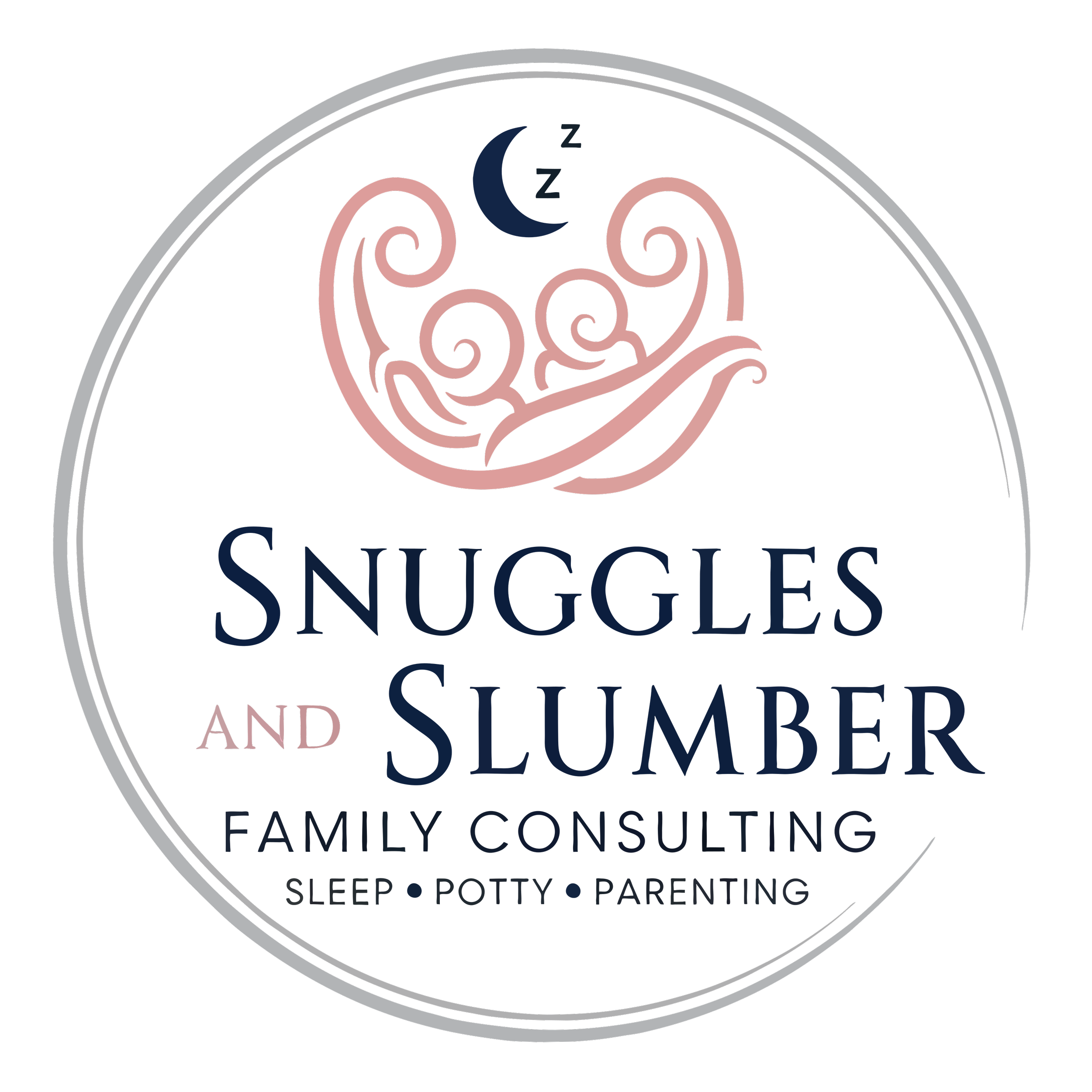 Logo for Snuggles and Smarter, a family counseling service, with a crescent moon and swirling lines, and text listing services such as sleep, potty, parenting, and therapy.