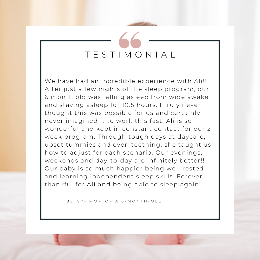 A testimonial letter from a mom praising a sleep program, with a baby visible in the background on a bed.