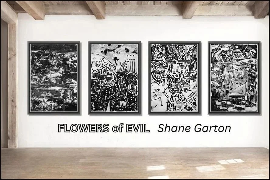 Flowers of Evil exhibition gallery wall featuring four black and white artworks on paper by Tasmanian artist Shane Garton.