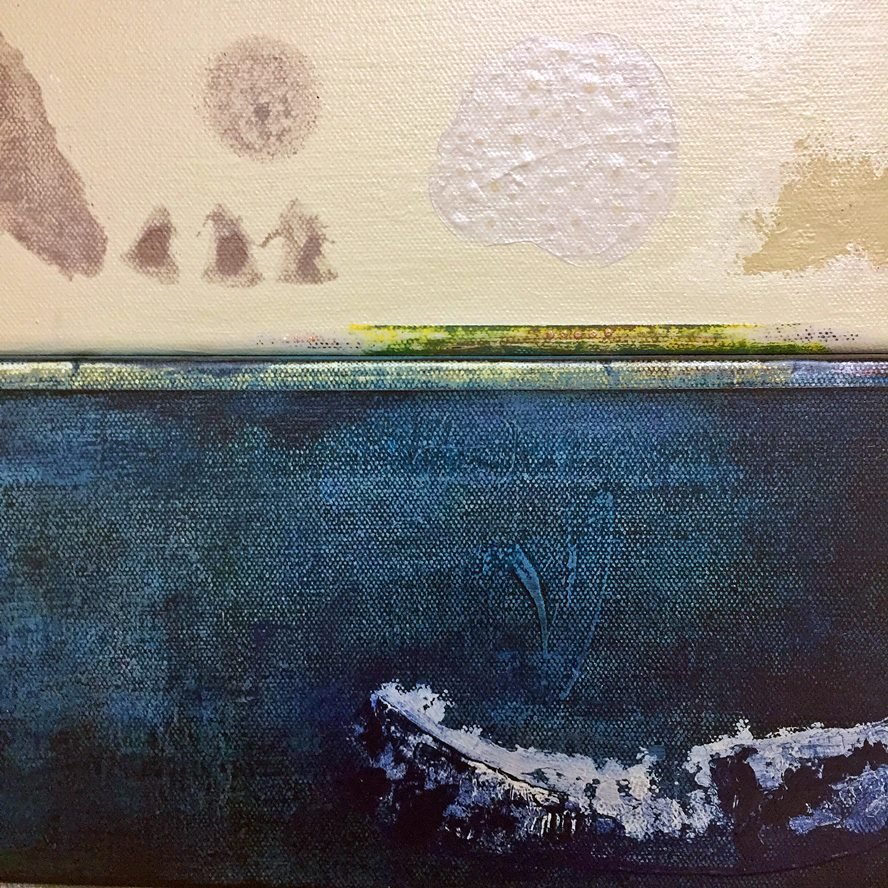 Upper section of contemporary abstract artwork combining organic marks, earth tones and layered textures inspired by fungi, spores and hidden communication within Mother Tree and mycelium networks.