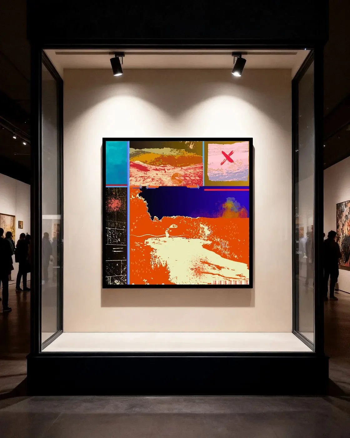 Abstract modern painting with bold colors and geometric shapes displayed in an art gallery.