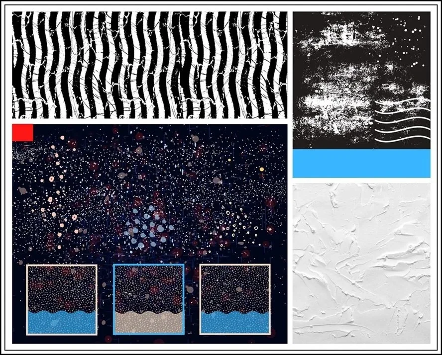 A collage of various abstract art textures and patterns, including black and white zebra stripes, white speckles on a black background, layered dots and splatters, wavy lines, a blue rectangle, and textured white plaster.