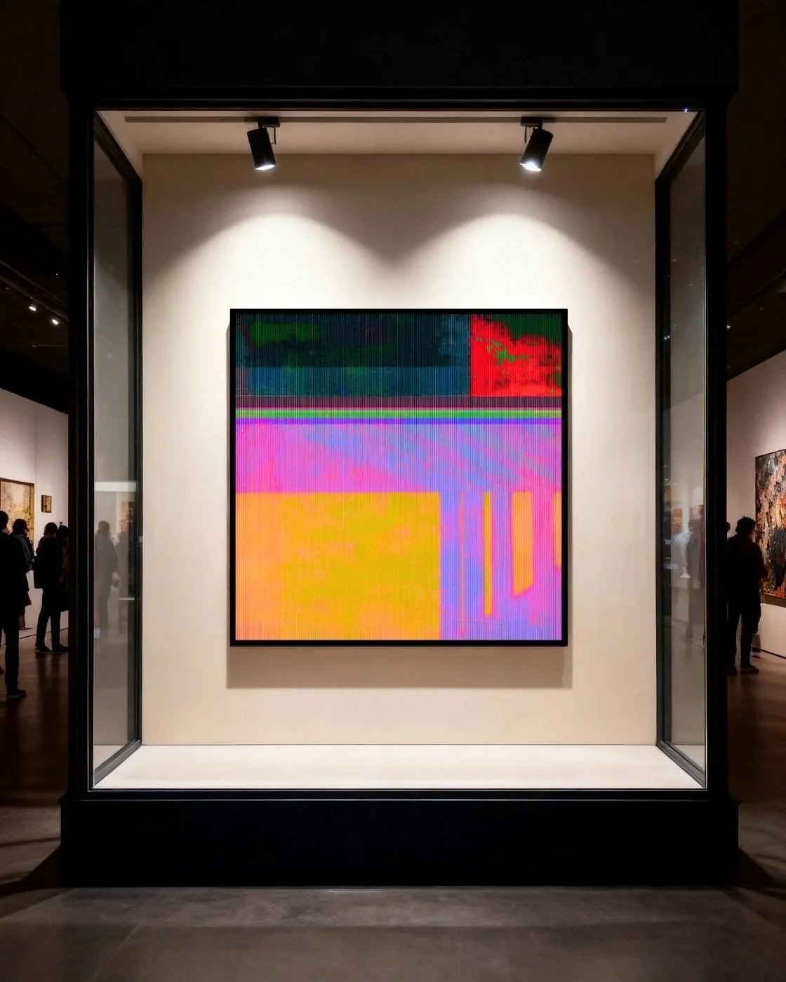 A colorful abstract artwork piece displayed on a square canvas in an art gallery setting, with lights shining on it.