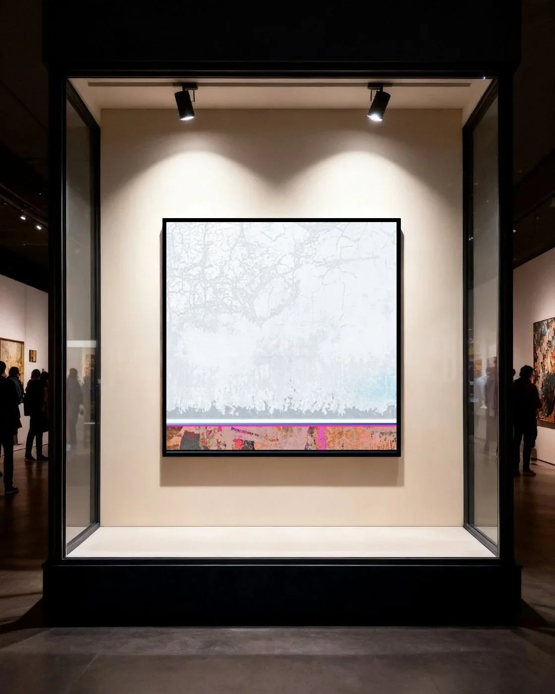 Artwork displayed in a glass display case with spotlights, featuring abstract patterns in white, pink, and brown tones. People are seen observing other artworks in the background of the gallery.