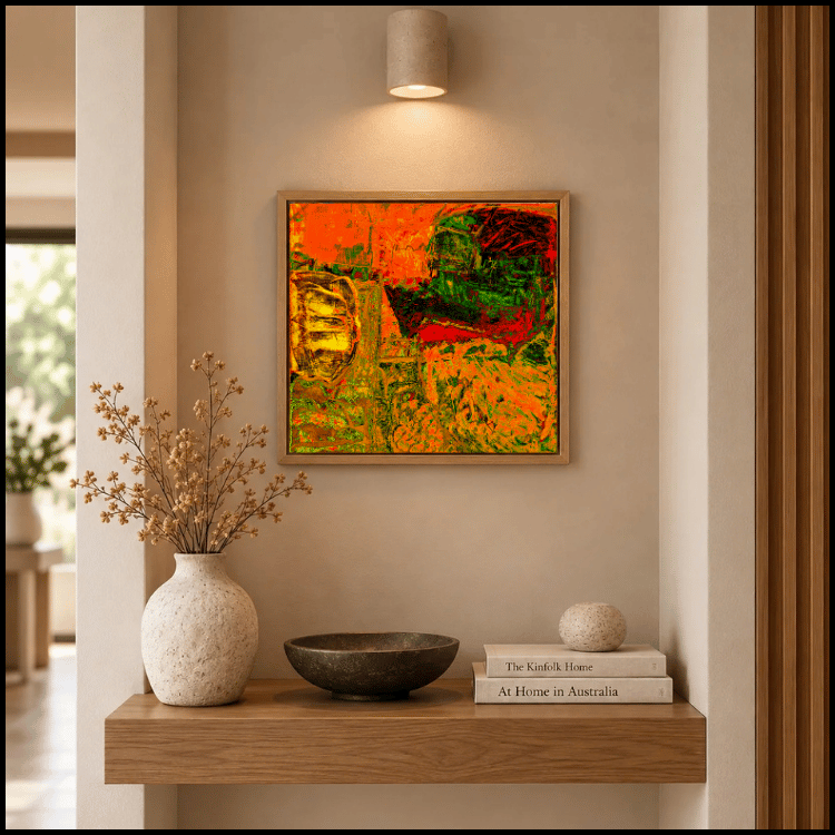 Modul 70_51 framed abstract canvas wall art displayed in elegant neutral interior, featuring vivid orange, deep red and green with expressive textures and gestural movement.