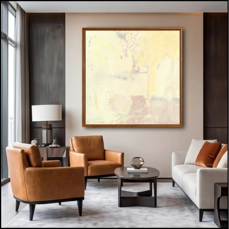 Modern living room with tan and white furniture, a coffee table, a lamp, and large window with curtains, decorated with a framed abstract landscape artwork on the wall.