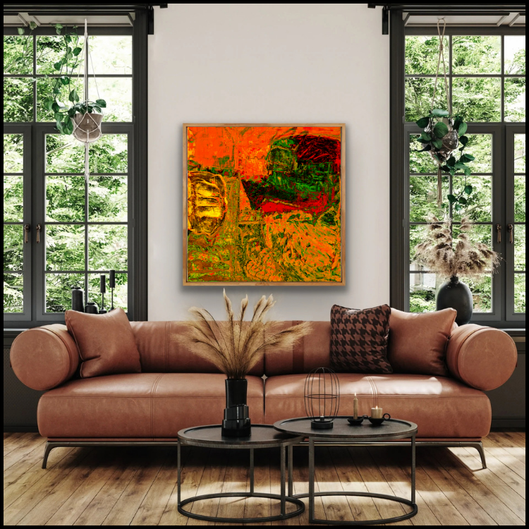 Modul 70_51 contemporary abstract artwork shown as framed canvas wall art above leather sofa, bringing vibrant orange, green and red tones into open plan living room decor.