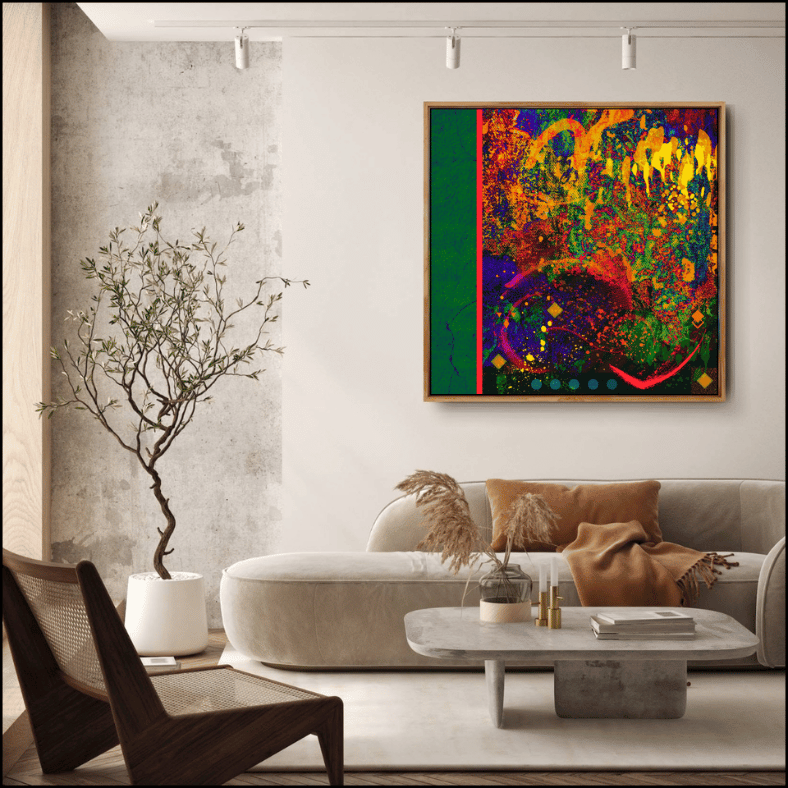 Vibrant contemporary abstract artwork with layered blue, green, red, yellow and orange textures, expressive marks and energetic colour, ideal for modern interior design and office decor.