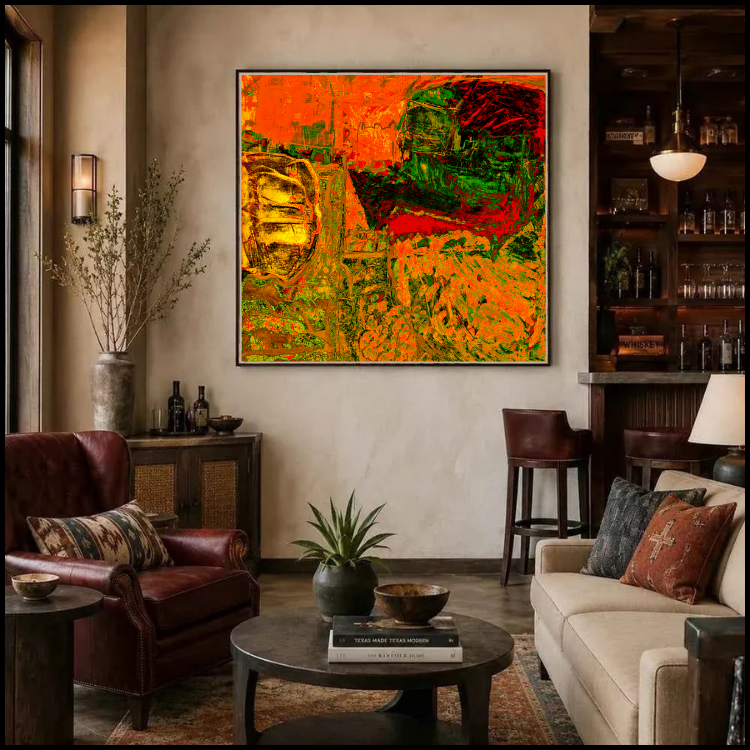 Modul 70_51 contemporary abstract artwork displayed as framed canvas wall art in warm living room, featuring vivid orange, red and green tones with energetic layered textures.