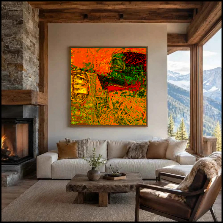 Modul 70_51 framed contemporary abstract canvas wall art displayed above sofa in modern mountain interior, combining intense orange, red and green with expressive layered marks.
