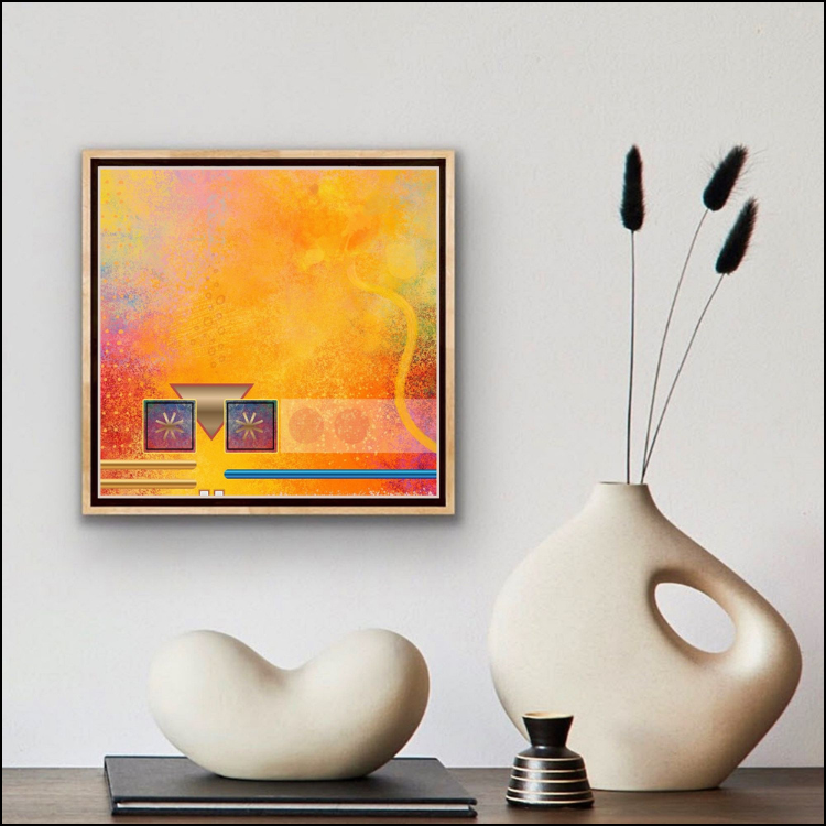 Artwork Son of Science shown in modern decor framed in oak with a modern vase.