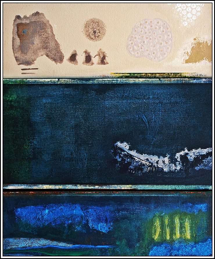 Contemporary mixed media abstract artwork featuring organic symbols above layered blue forms expressing invisible forest connections, Mother Trees and nature that cannot be contained by human boundaries.